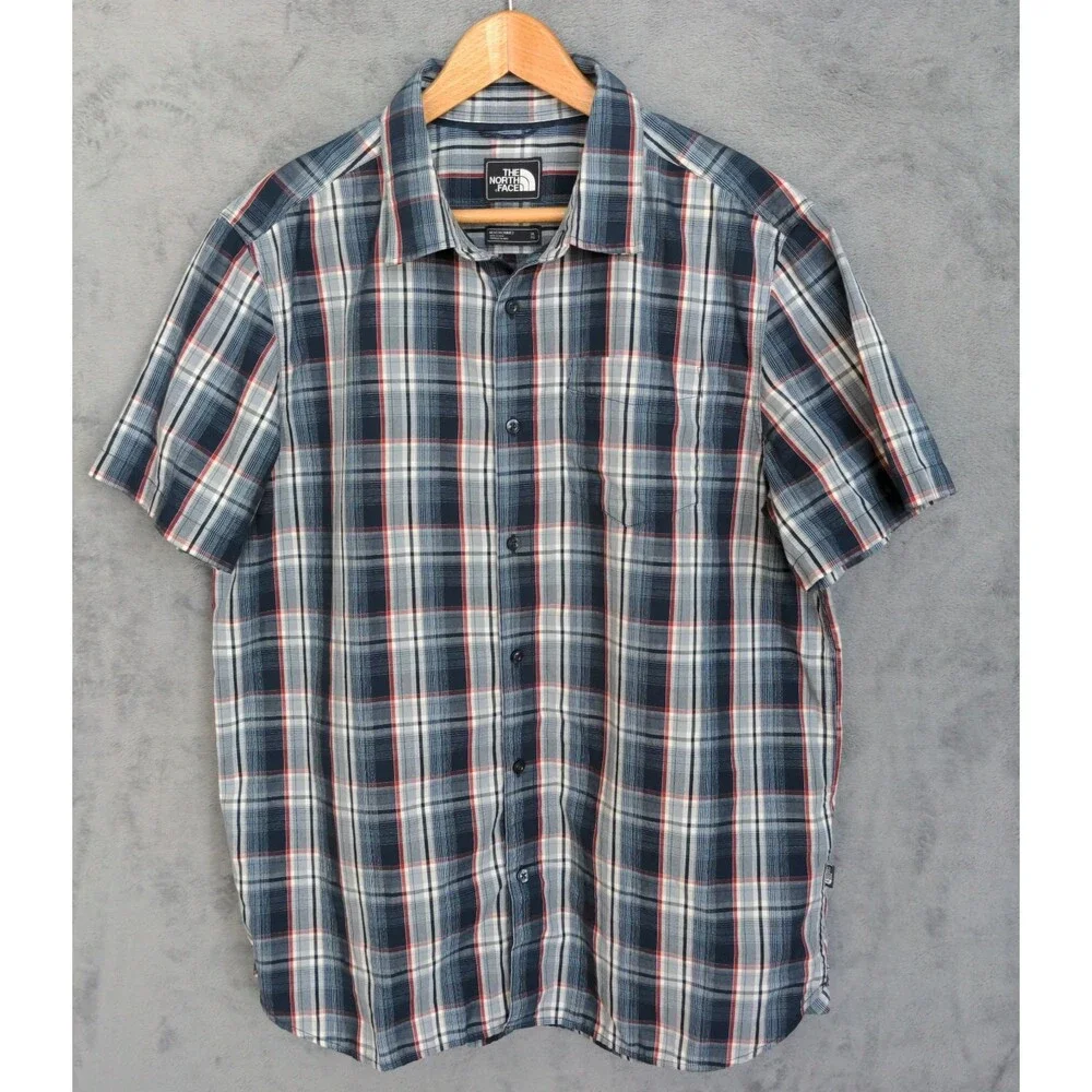 North Face Shirt Mens XL Blue Plaid Short Sleeve Button Up Outdoor Casual Top